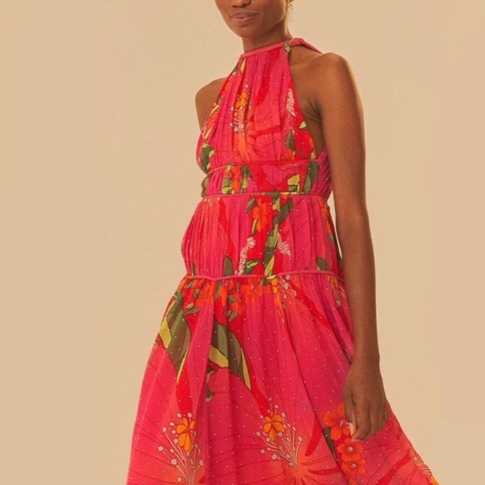 NEW FARM Rio Red Pietra Floral Sleeveless Maxi Dress Chiffon Rhinestones Size XL - Picture 3 of 16